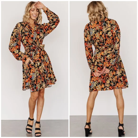 FEW LEFT❗️POLAGRAM Black Floral Long Sleeves Short Dress - Picture 5 of 6